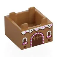 Container Box 2 x 2 x 1 Reinforced Bottom with Gingerbread House, White Icing, White/Bright Pink Candy Cane Door Print, Medium Nougat