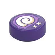 Tile Round 1 x 1 with White Shell, Stars Print, Dark Purple